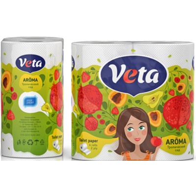 Интерпапер Бумага туалетная VETA AROMA двухслойная, тропический сад, на втулке, 100% целлюлоза, 1*4 рулона.